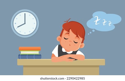 
Boy Falling Asleep with Head on the Desk During Class Vector Cartoon Illustration. Child failing school because he is feeling exhausted and burnout
