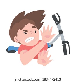 Boy Falling Down from Kick Scooter, View from Above, Traumatic Accident, Health Risk Cartoon Style Vector Illustration