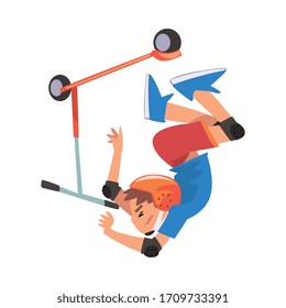 Boy Falling off Kick Scooter, Eco Transport for Children, Summer Outdoor Activity Cartoon Vector Illustration