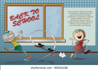 Boy falls off skateboard in the hallway of the school.
