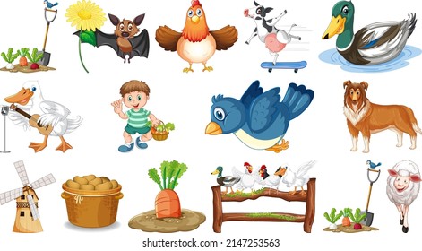 Boy and farm animals illustration