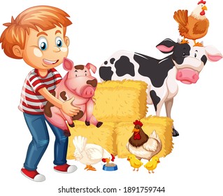 Boy with farm animals isolated on white background illustration