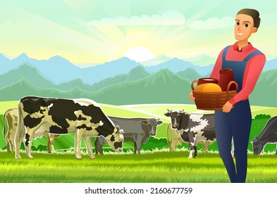 Boy Farmer With Basket. Cows Are Grazing. Rural Landscape Hills. Green Pasture Grass. Summer View. Farm Milk And Dairy Products. Cartoon Flat Style Design. Vector.