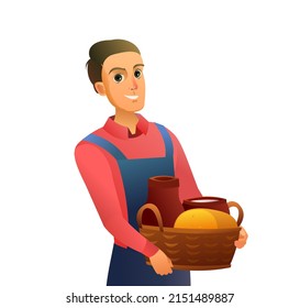 Boy farmer with basket Farm milk and dairy products. Isolated on white background. Cartoon flat style design. Vector.