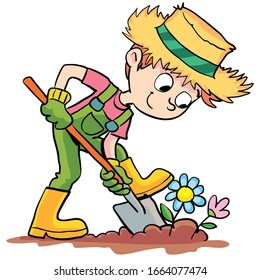 boy farmer is digging a garden with flowers