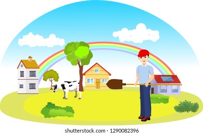 A boy farmer is digging a ground . Cows, houses, rainbow  Fields,  Vector 