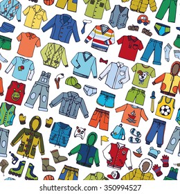 Boy fashion costumes seamless pattern.Baby,teenage wear set with shoes. Hand drawing doodles.Colored Trendy sportswear.Short,pants,jacket,hats.Bright vector,clothes illustration,background