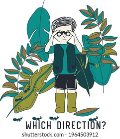 
Boy. Fashion kids print with Boy and  With  text slogan.  Vector hand draw illustration.