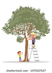 A boy fastens a birdhouse on a tree. Isolated on a white background.