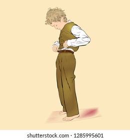 Boy fastens a button. Illustration of Boy Dressing