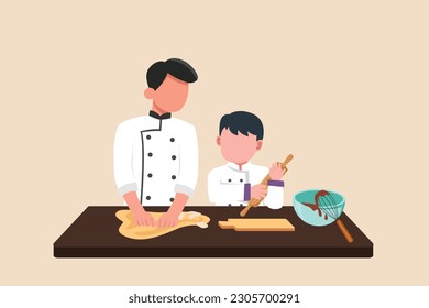 Clase de cocina de padre y chico. Clasifica el concepto. Ilustración vectorial plana aislada.