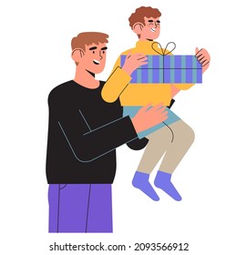 Boy with father hold gift box. Man and smiling child prepare for holidays, birthday, mother or father day. Happy boy choose present for his mother, granny or christmas. Happy children's day concept.