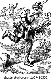 A boy with feathered hat and knife running and holding bag in hands, two children running behind him, vintage line drawing or engraving illustration