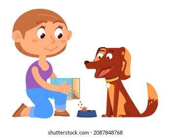 Boy Feed Dog. Cute Smiling Kid Caring About Pet