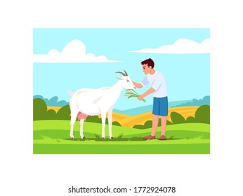 Boy Feed Goat Semi Flat Vector Illustration. Kid Give Wheat To Domestic Animal. Farm Pet On Ground With Grass. Farmland Wildlife. Child On Vacation 2D Cartoon Characters For Commercial Use