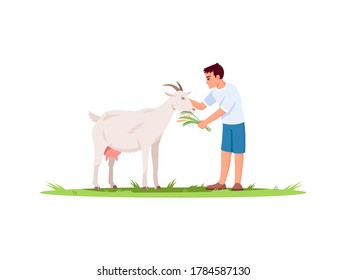 Boy feed goat semi flat RGB color vector illustration. Kid with domestic animal. Farm pet on ground with grass. Farmland wildlife. Child on vacation isolated cartoon character on white background