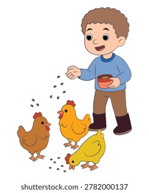 Boy feeding chickens with grain from a small bowl