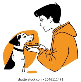 Boy Feeding Food to a Dog, Heartwarming Representation of Compassion and Friendship in a Minimalist Style - Flat Vector Illustration