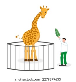 A boy is feeding a giraffe with a leaf at the zoo. Flat vector illustration