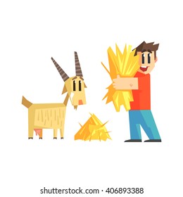 Alimentando A Un Niño El Diseño Vector Plano Primitivo De Caricatura Geométrica De Cabra Ilustración Aislada