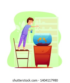 Boy Feeding Gold Fishes In Aquarium Flat Vector Illustration. Child Taking Care Of Pets Isolated Design Element. Fish Tank. Domestic Animals. Kid Helping Parents With Household Concept