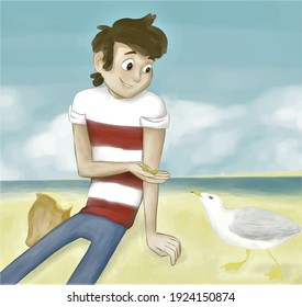 Boy feeding seagull on the beach in summer - cartoon. Child  in a t-shirt 