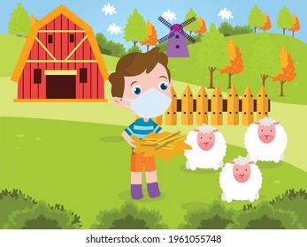 Boy feeding sheep cartoon 2d vector concept for banner, website, illustration, landing page, flyer, etc.