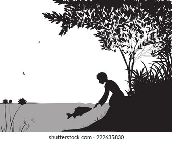 boy feeds the carp under the water, near the river, touch the fish, unusual friendship, black and white