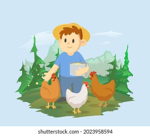 Ein Junge ernährt die Hühner auf dem Hintergrund einer Berglandschaft. Ein Bauer, der auf dem Feld arbeitet. Vektorgrafik zum Thema Tierhaltung, Landwirtschaft, Agrotourismus.