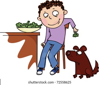 The boy feeds the dog broccoli