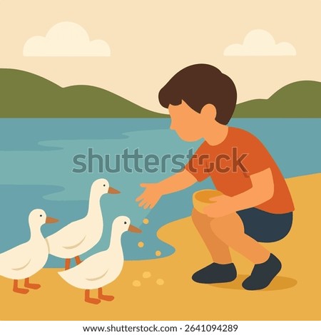 Boy feeds ducks by a lake, nature scene illustration.