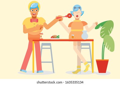 A boy feeds his girlfriend, a flat vector illustration. Boy and girl in love vector illustration, this illustration can use as a sticker also.