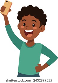 A boy feel happy when he got the new phone vector