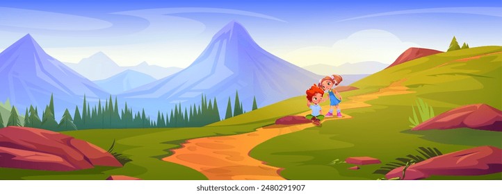 Niño siente dolor después de la caída y niña ayuda en la ilustración de dibujos animados de montaña. Los niños caminan juntos en el camino con la naturaleza hermosa y la hierba verde. Hermano y hermana amistad dibujo escena panorámica