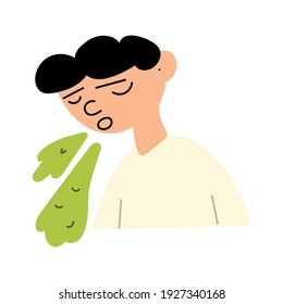 Boy feel sick, vomit. Hand drawn illustration on white background.