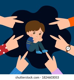 Boy feel upset because he is being bullied. Pointing fingers at children. Gossip, harassment, blaming concept. Stop school bullying campaign.  Flat vector cartoon illustration.