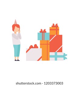 Boy feeling happy after receiving big pile of presents, kids celebrating birthday vector Illustration on a white background