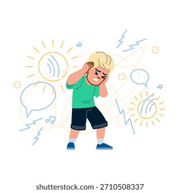 Boy feeling overwhelmed by excessive stimuli, covering ears to block out loud noises, bright lights, and chaotic sounds in a stressful and anxious moment