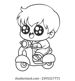 Boy feels happy riding scooter alone, for coloring
