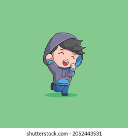 boy feels happy thanks giving Muslim blessing vector icon illustration cute and kawaii version	