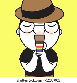 Boy Feels Like Drinking Rainbow As A Coffee In The Morning Concept Card Character illustration