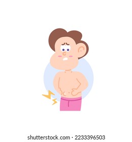 a boy feels pain or uncomfortable on the lower part of the abdomen. Appears protrusion on the underbelly. Symptoms of hernia disease. health problems. character illustration design. vector elements