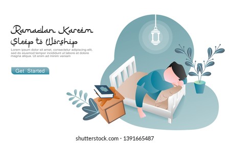 the boy fell asleep in bed after reading the Quran on top of the cupboard. Icon Concept Pot plant and ramadan lantern. flat cartoon vector ramadhan kareem illustration. landing page, user interface