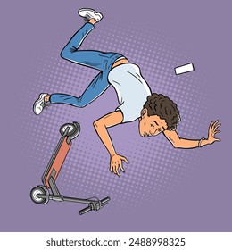 The boy fell off his scooter. Transport accident and injury. Careless driving on the road. Cartoon vector illustration. Hand drawn outline. Pop art comic style