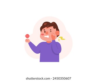 A boy felt pain in his teeth from eating candy. eating too much sweet food to the point of toothache. dental health problems. expression of pain. cute boy character. illustration design. graphic 