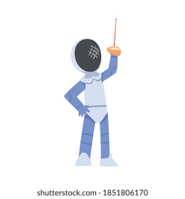 Boy Fencing Athlete Character Practicing with Sword, Kid Doing Sports, Healthy Lifestyle Concept Cartoon Style Vector Illustration