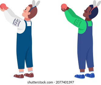 Boy in festive clothes semi flat color vector character set. Posing figures. Full body people on white. Christmas isolated modern cartoon style illustration for graphic design and animation bundle