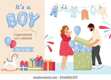 It's a boy Festive vector banner with happy parents, gifts, baby clothes. Baby gender reveal party banner element BOY blue helium balloons. Perfect for baby shower invitations, cards and parties