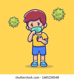 Boy with Fever And Flu Vector Icon Illustration. Corona Mascot Cartoon Characters. Person Icon Concept White Isolated. Flat Cartoon Style Suitable for Web Landing Page, Banner, Flyer, Sticker, Card