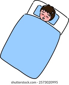 A boy with a fever sleeping painfully in bed